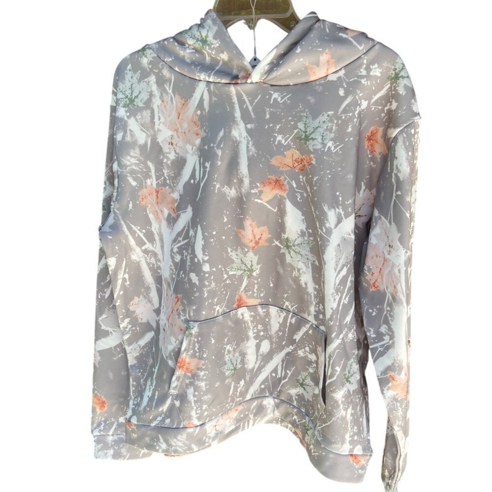 Floral Gray Hooded Sweatshirt With Kangaroo Pocket - M 76e